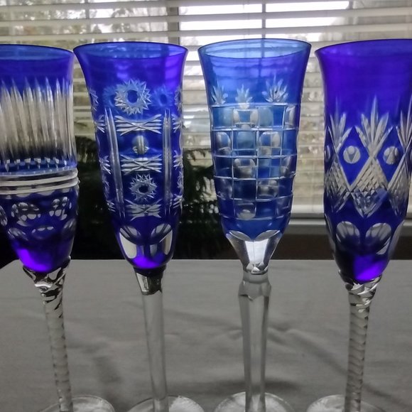 VINTAGE BOHEMIAN CZECH Other - LAST set of 4 Vintage Bohemian Czech Stunning CHAMPAGNE flutes. Blue/Clear